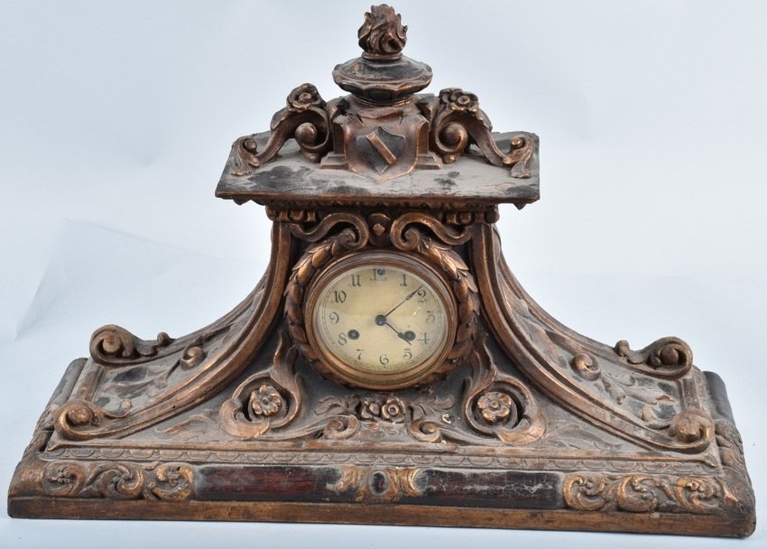 WATERBURY LARGE ORNATE CARVED WOOD MANTEL CLOCK