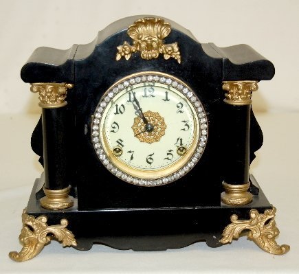 Ornate Iron Case Mantel Clock, Rhinestones