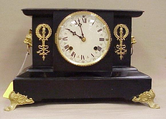 New Haven Mantle Clock, Onyx w/ Brass Ornamentation