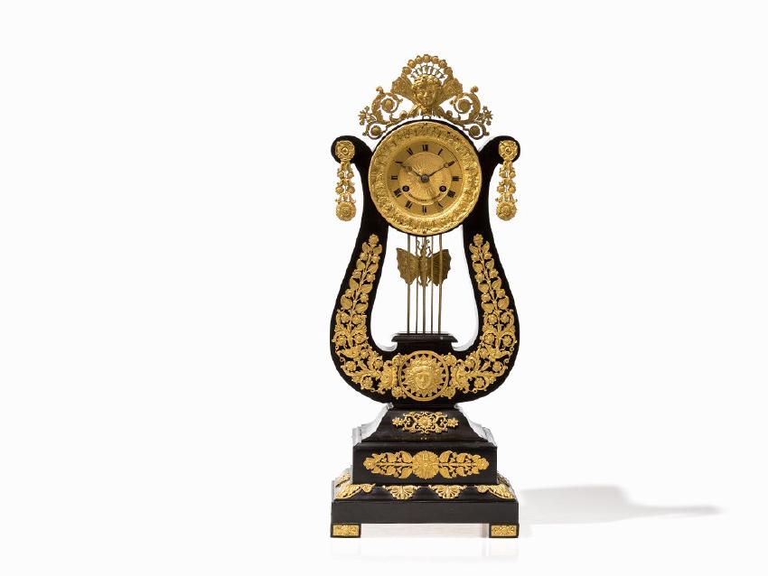 A Lyre-Shaped Empire Mantel Clock, France, 1st Half