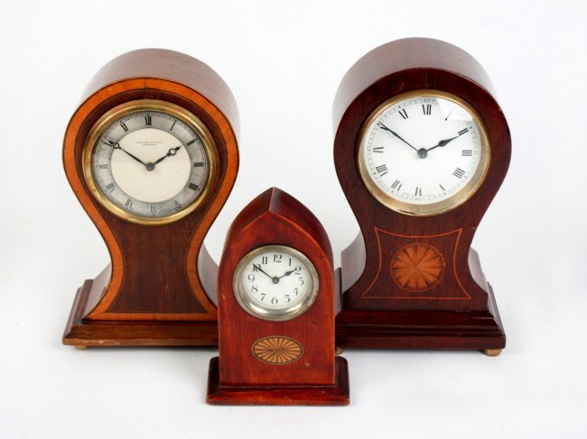 Two Edwardian inlaid mahogany balloon mantel clock