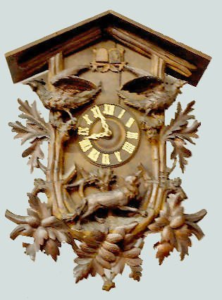 Black Forest Carved Cuckoo Clock, Fox, Deer & Pheasants