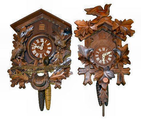 2 German Carved Cuckoo Clocks w/Birds