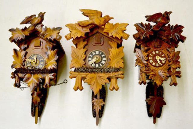 3 German Carved Cuckoo Clocks With Birds