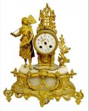 French Brass and Marble Statue Clock