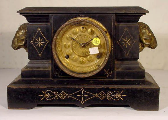 Ansonia Black Enameled Iron Clock w/Rams Heads