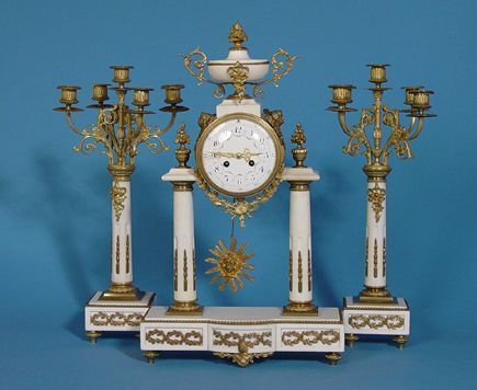 Large Marble & Brass Portico 3 Pc Clock Set