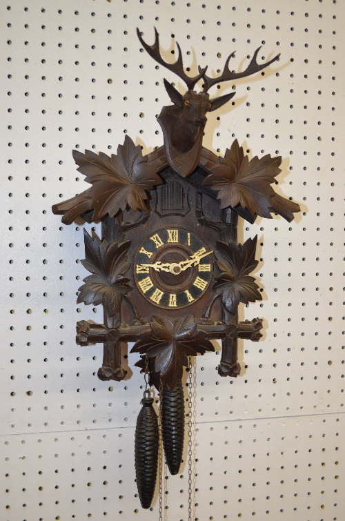 German Black Forest Carved Cuckoo Clock with Deer Head