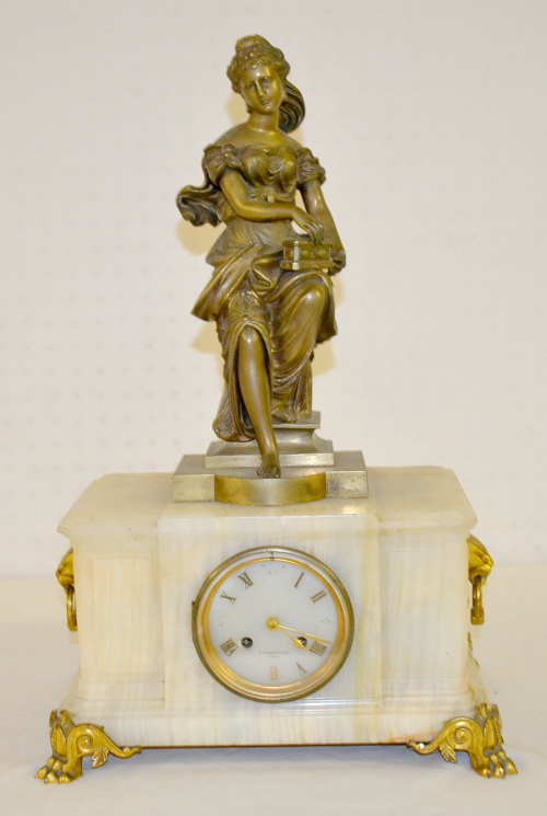 Antique French Barbedienne White Onyx Statue Clock