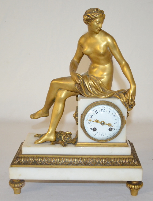 Antique French Marble Statue Clock w/Seated, Semi-Nude Lady