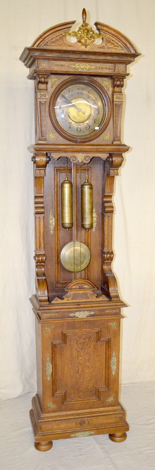 Antique German Open Well 2 Weight Oak Tall Case Clock