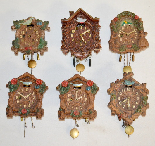 6 Antique Cuckoo Pendulette Clocks, Keebler & Lux