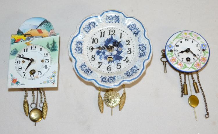 3 Vintage German Pendulette Clocks, 2 Porcelain & 1 Plastic