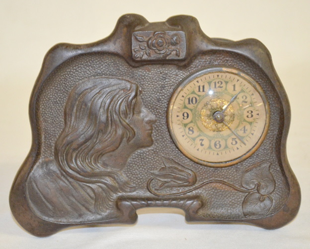 Antique Cast Metal Art Nouveau Lady Head Dresser Clock