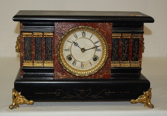 Waterbury “Dragon” Enameled Wood Mantel Clock