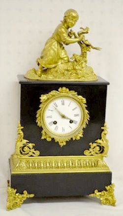 French Bronze Clock w/Girl & Birds