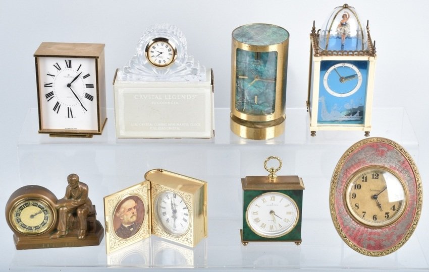 8-MINIATURE CLOCKS, LINCOLN, MUSIC BOX & MORE