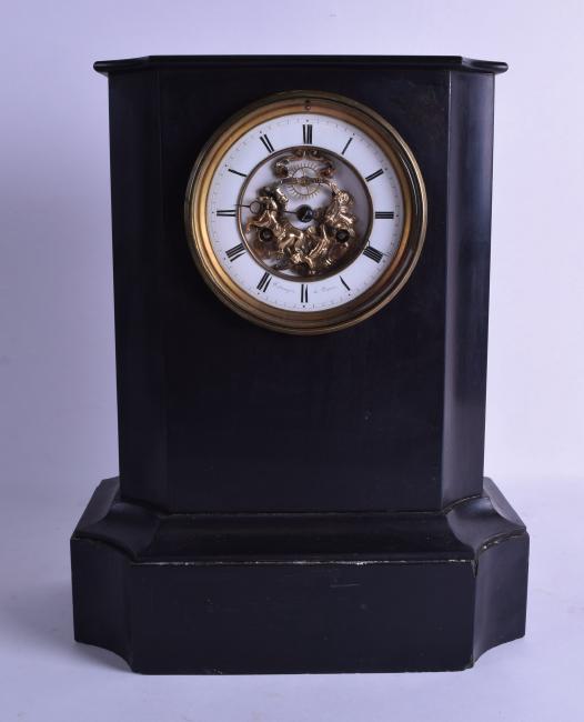 A MID 19TH CENTURY FRENCH BLACK SLATE MANTEL CLOCK with