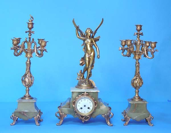 French Green Onyx Figural Mantel Clock Set