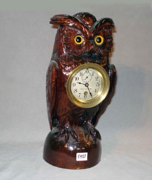 Folk art carved owl form clock