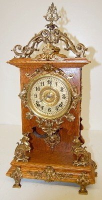 Ansonia Cabinet “D” Clock, Oak W/ Metal Trim