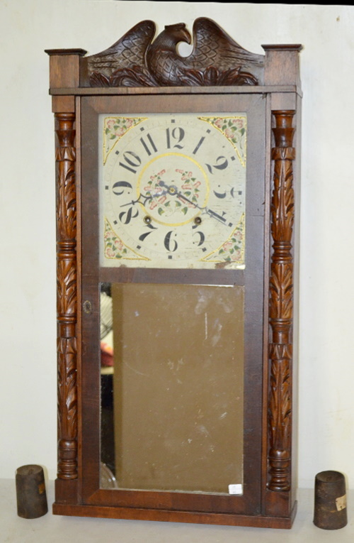 Antique Hiram Hunt Wood Works Carved Column Shelf Clock