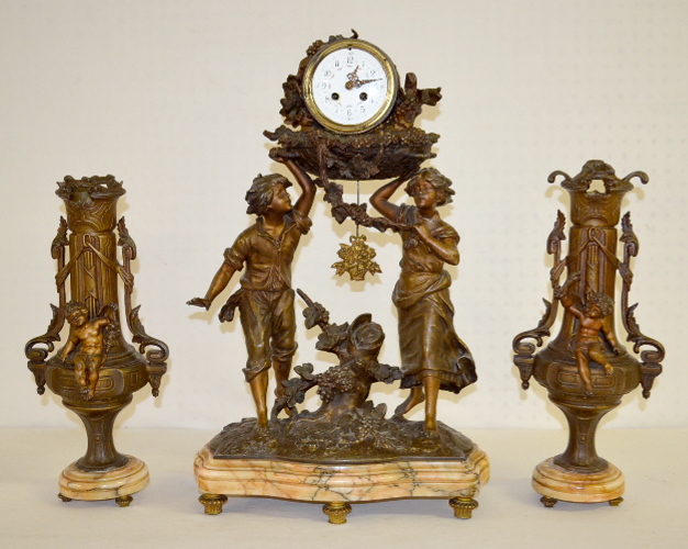 Antique French F. Moreau Statue Clock Set, “Les Vendanges”