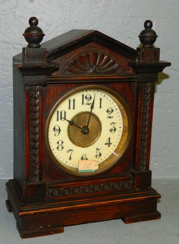 30 hour German  pine shelf clock w/etched  glass
