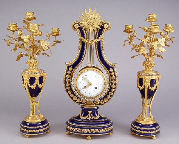 3pc. French Roi-de-Bleu porcelain lyre clock