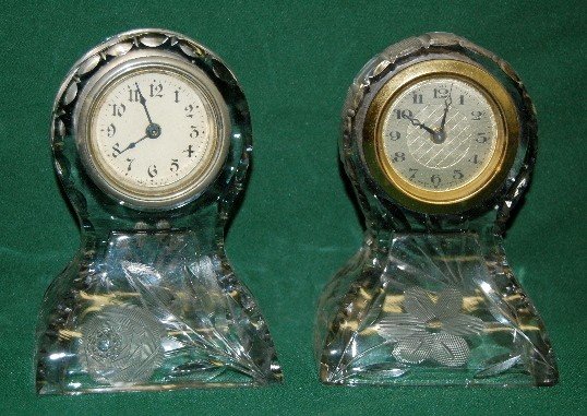 2 Pressed Glass Desk Clocks