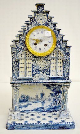 French Faience Mantel Clock, Serpents, Windmill +