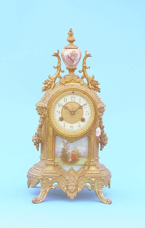 Waterbury Gilt Metal Porcelain Panel Clock