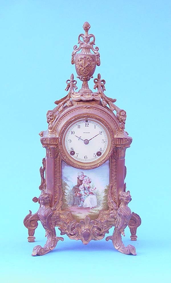 Gilt Metal Mantel Clock With Porcelain Panels