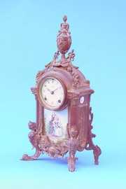 Gilt Metal Mantel Clock With Porcelain Panels