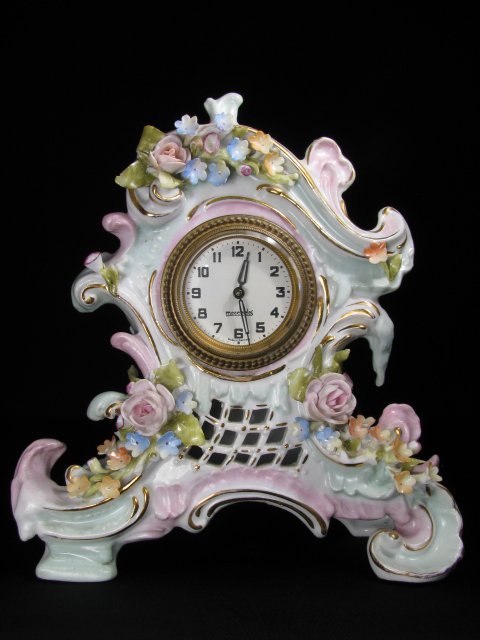 MECCEDES GERMAN PORCELAIN FLORAL MANTEL CLOCK