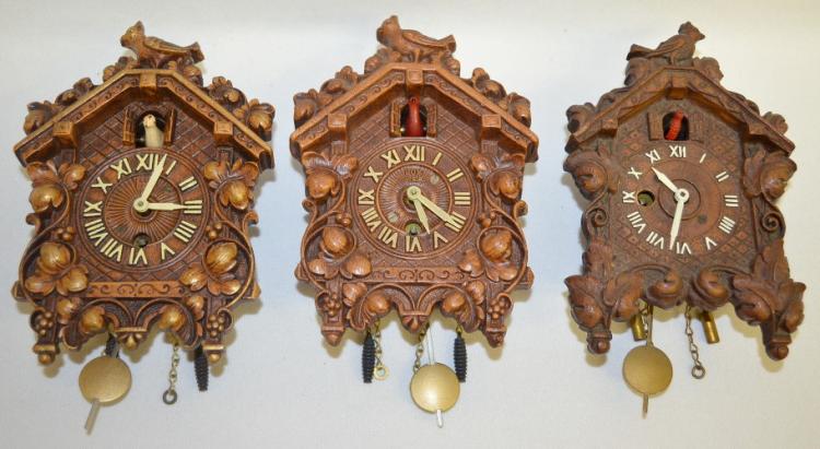 3 Antique Keebler & Lux Pendulette Cuckoo Clocks
