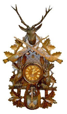 Lrg. Walnut German Carved Cuckoo Clock w/Deer