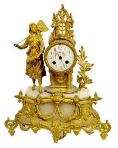 French Brass and Marble Statue Clock