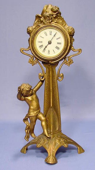 Figural Gold Finish Art Nouveau Table Clock