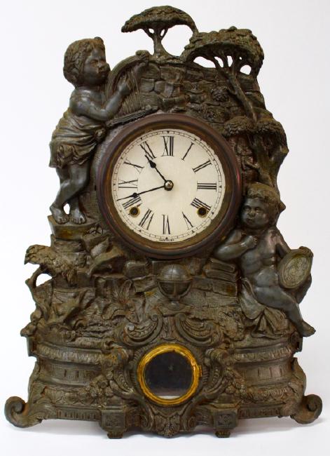 Antique figural Iron Front mantel clock by American Clock Co