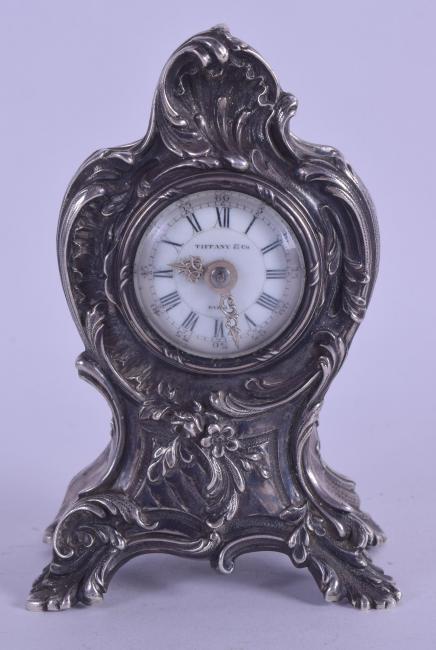 AN ANTIQUE FRENCH TIFFANY & CO SILVER CLOCK decorated