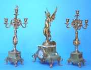 French Green Onyx Figural Mantel Clock Set