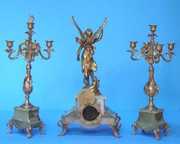 French Green Onyx Figural Mantel Clock Set