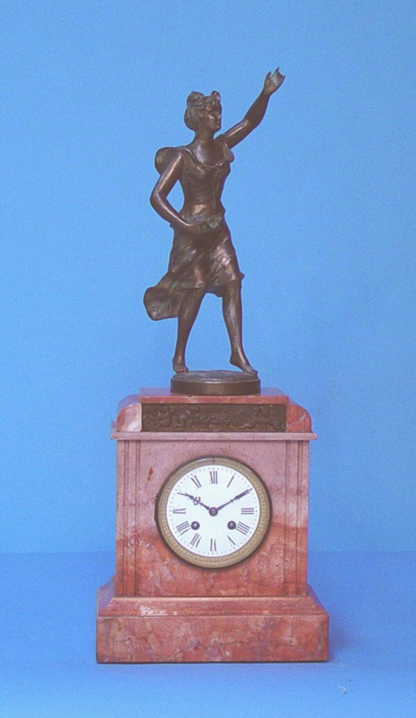 French Red Marble Mantel Clock With Statue