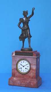 French Red Marble Mantel Clock With Statue