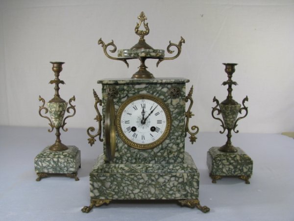 FRENCH ANTIQUE MARBLE MANTEL CLOCK & GARNITURES