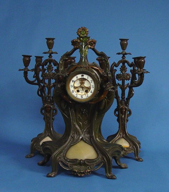 Gilbert Cariatides Nouveau Mantel Clock Set