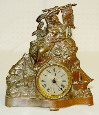 Metal Clock with Lady, Flag, Train and Ship