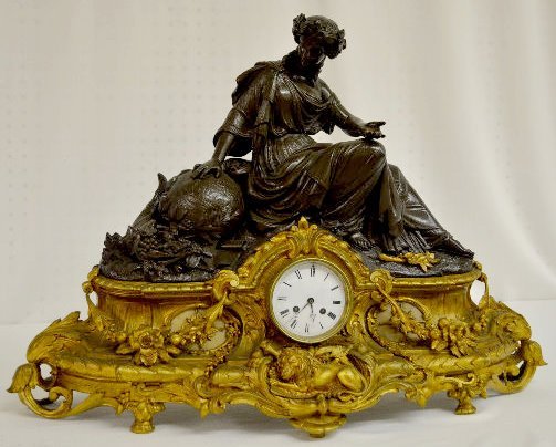 Massive French Figural Clock, Lady, Globe & Lion