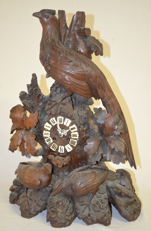 Antique Black Forest Carved German Pheasant Shelf Clock